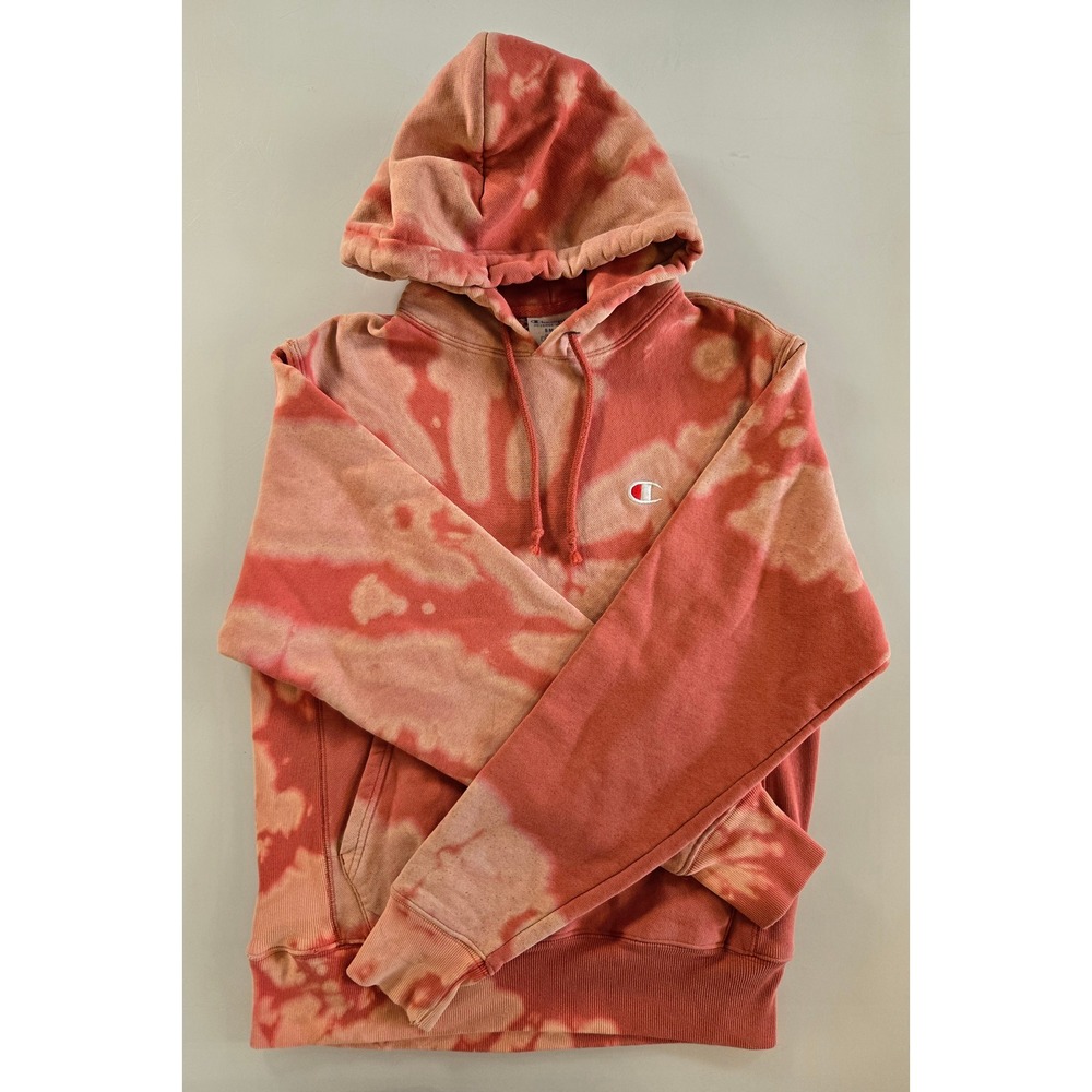 Champion Reverse Weave Bleach Tie Dye Hoodie Sweatshirt Orange Pink Small
